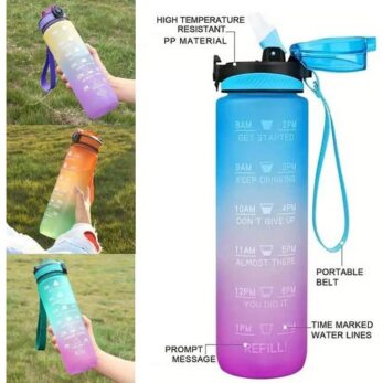 Gourde Bouteille - 1000ml - Incassable - Gourde De Sport - Gourde D Eau - Bouteille D Eau Etanche Avec Marqueur De Temps Et Laniere